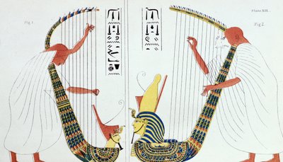 Interpretation of a fresco from the royal tomb in Thebes depicting harp players, from 